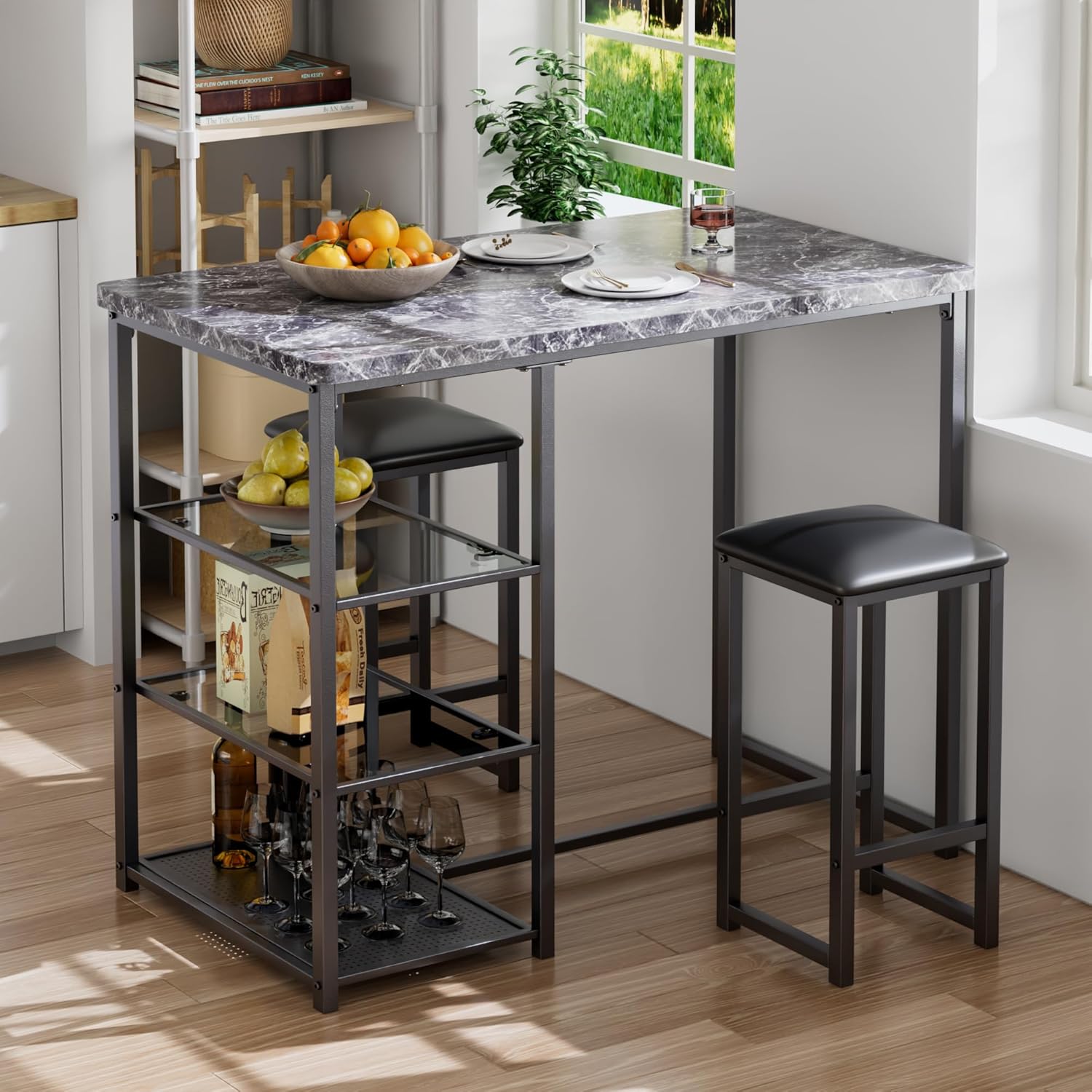 VECELO Small Bar Table and Chairs Set for 2