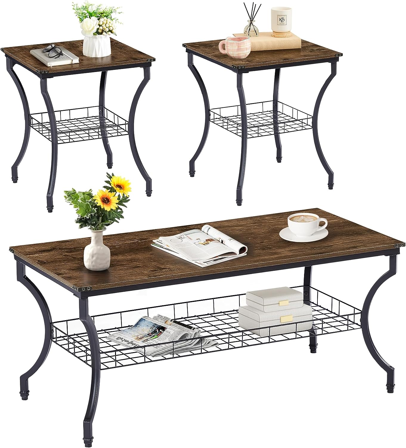 VECELO 3 Pieces Living Room Sets Coffee and End Tables - VECELO