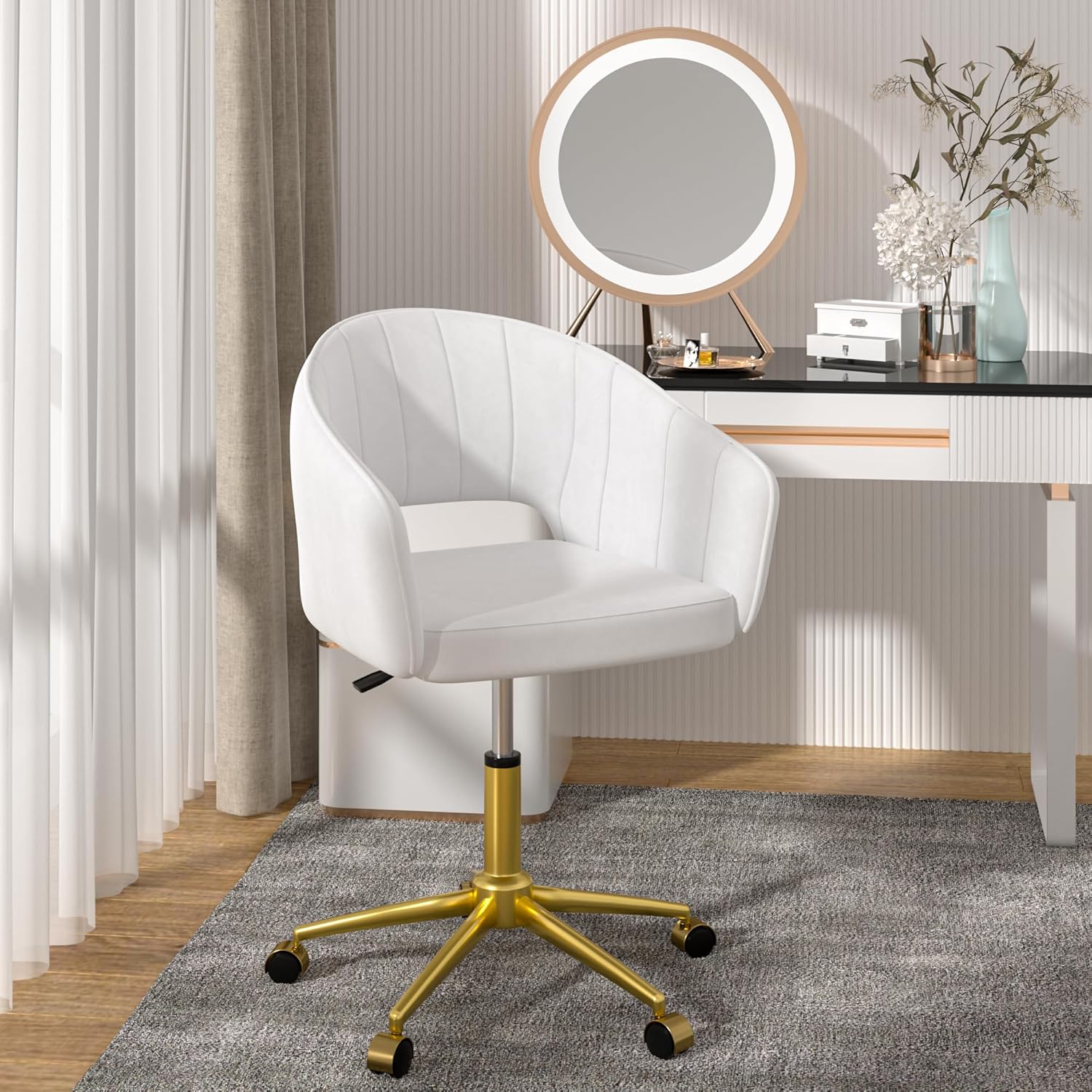 VECELO Velvet Accent Chair,Vanity Chair with Gold Base Embrased Backrest