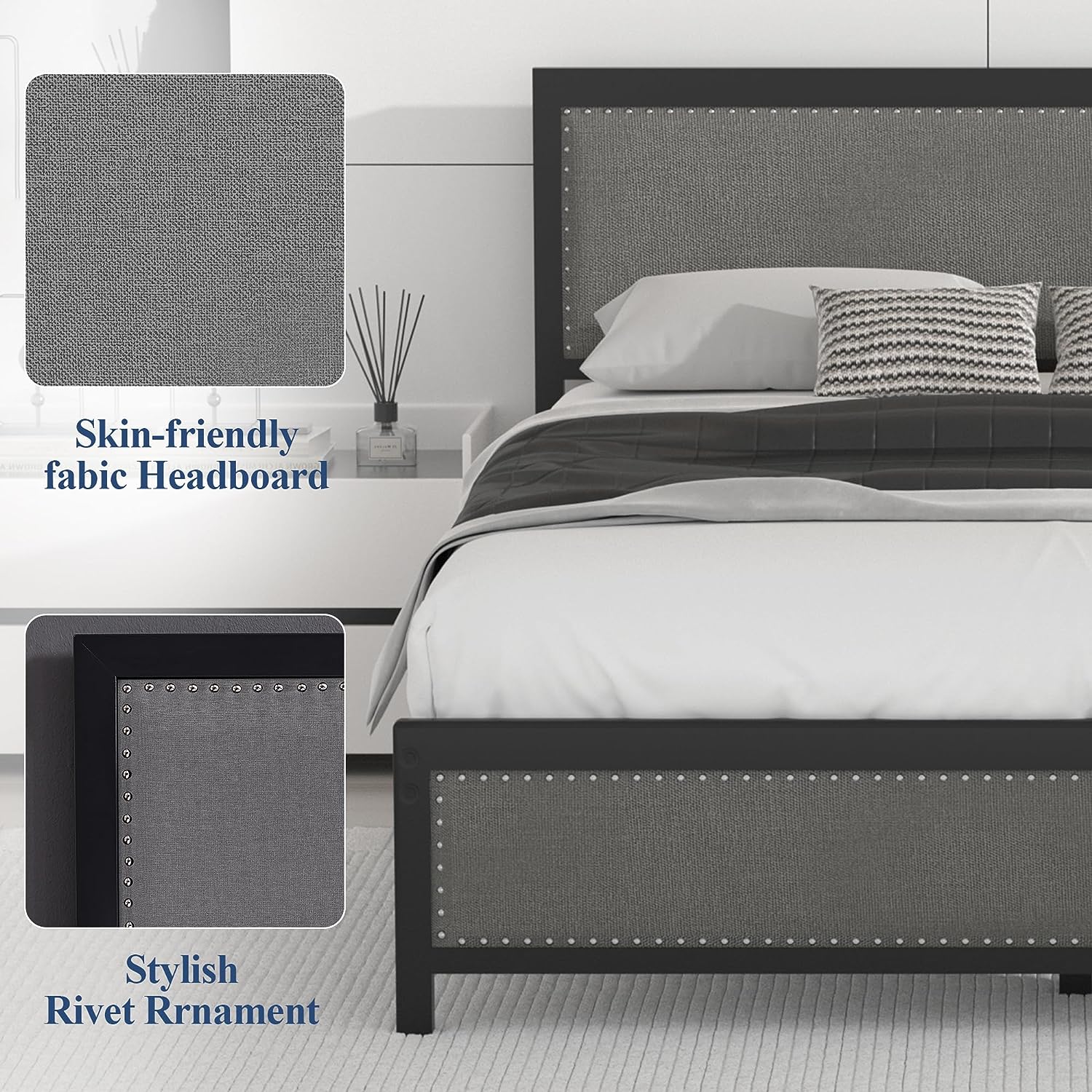 VECELO Bed Frame with Linen Fabric Headboard and Footboard No Box Spring Needed - VECELO