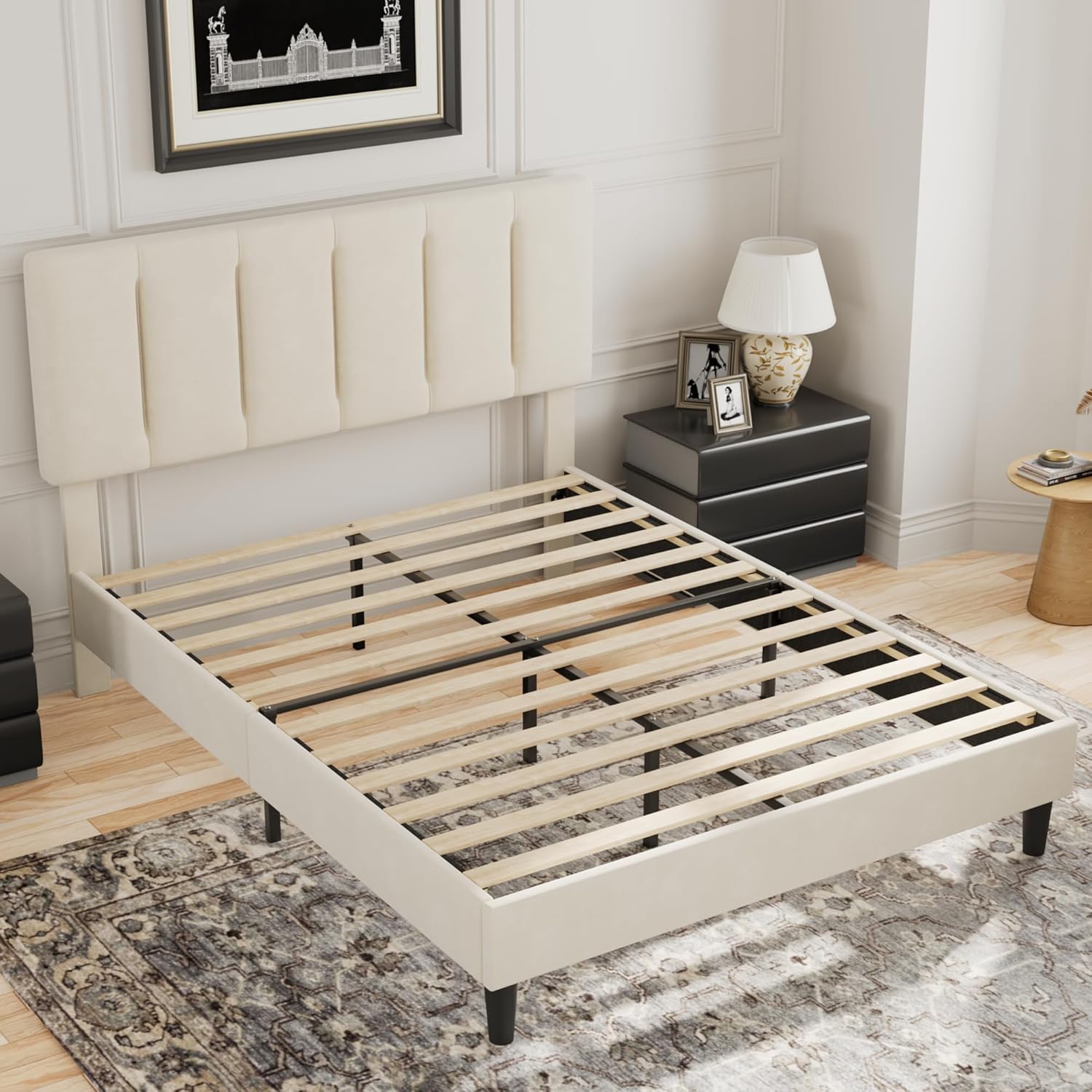 VECELO Modern Upholstered Platform Bedframe, Adjustable Headboard