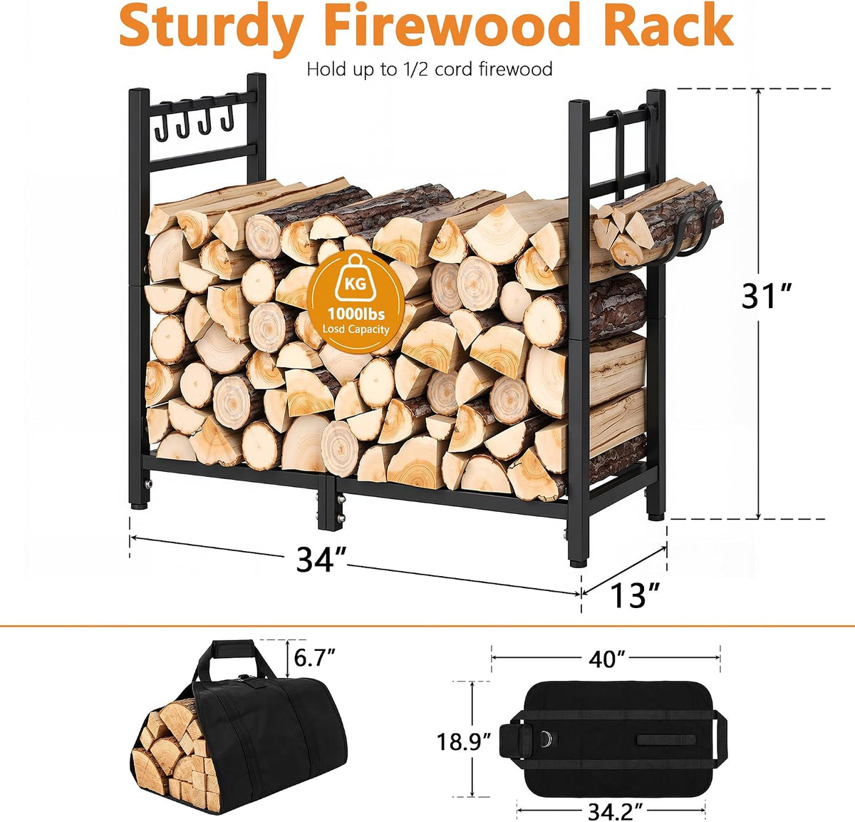 VECELO 34 Inch Firewood Rack with Carrier Bag Heavy Duty Outdoor Wood Rack