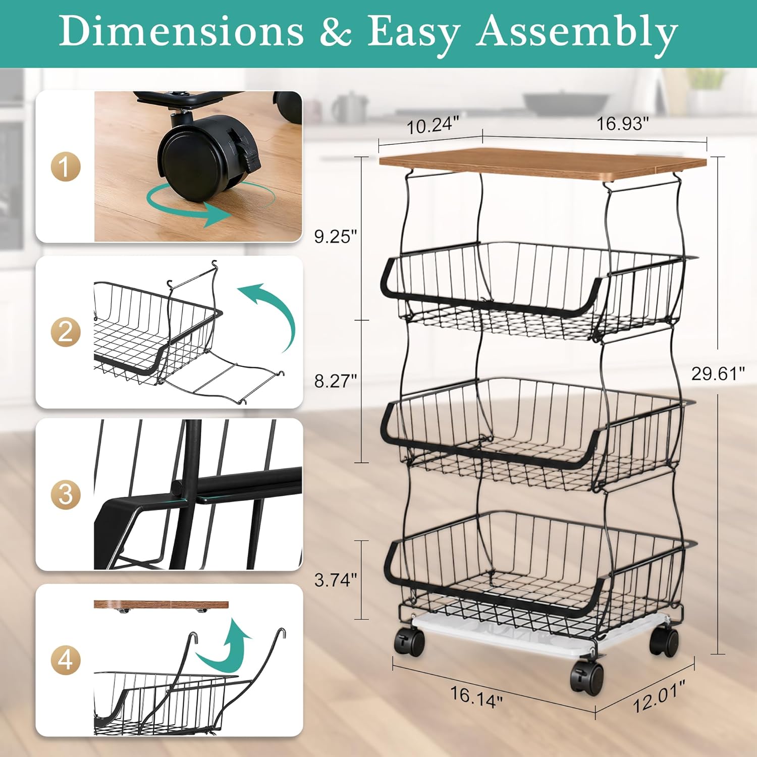 VECELO 4-Tier Fruit Basket with Wheels