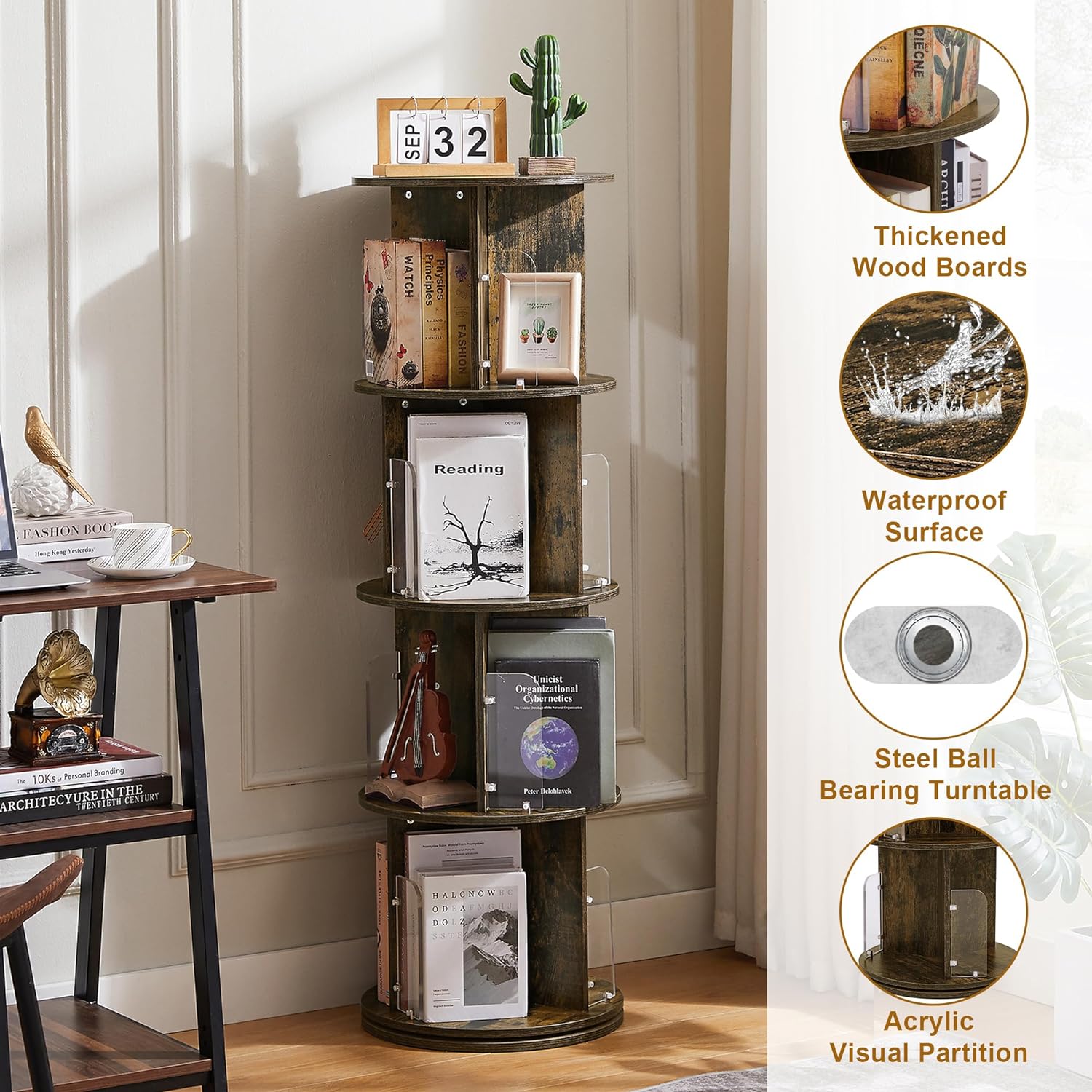 VECELO Rotating Bookshelf with Acrylic Display Window Partition