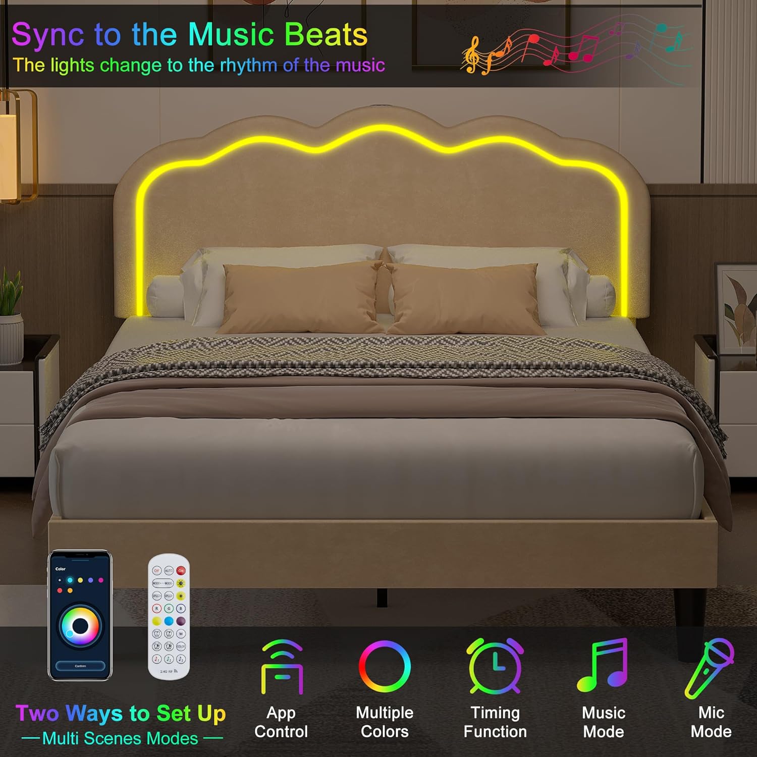 VECELO Upholstered Velvet Platform Bed Frame with Headboard Adjustable, LED Lights, USB-A & Type-C
