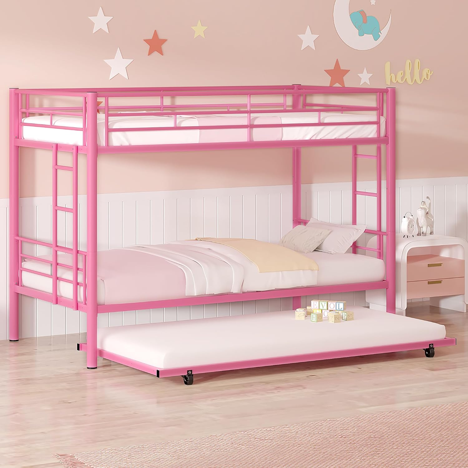 VECELO Bunk Bed Twin Over Twin with Trundle, Metal Bunkbeds with Ladder and Full-Length Guardrail - VECELO
