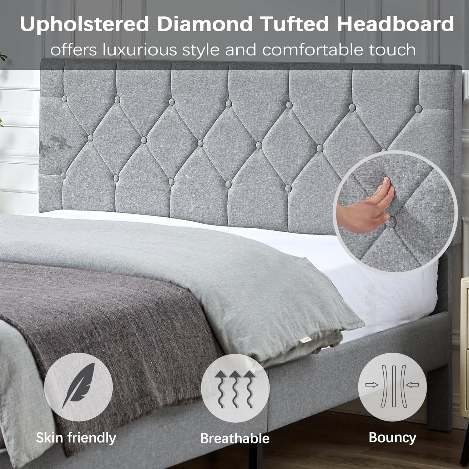 VECELO Bed Frame, Upholstered Platform with Adjustable Diamond Tufted Headboard