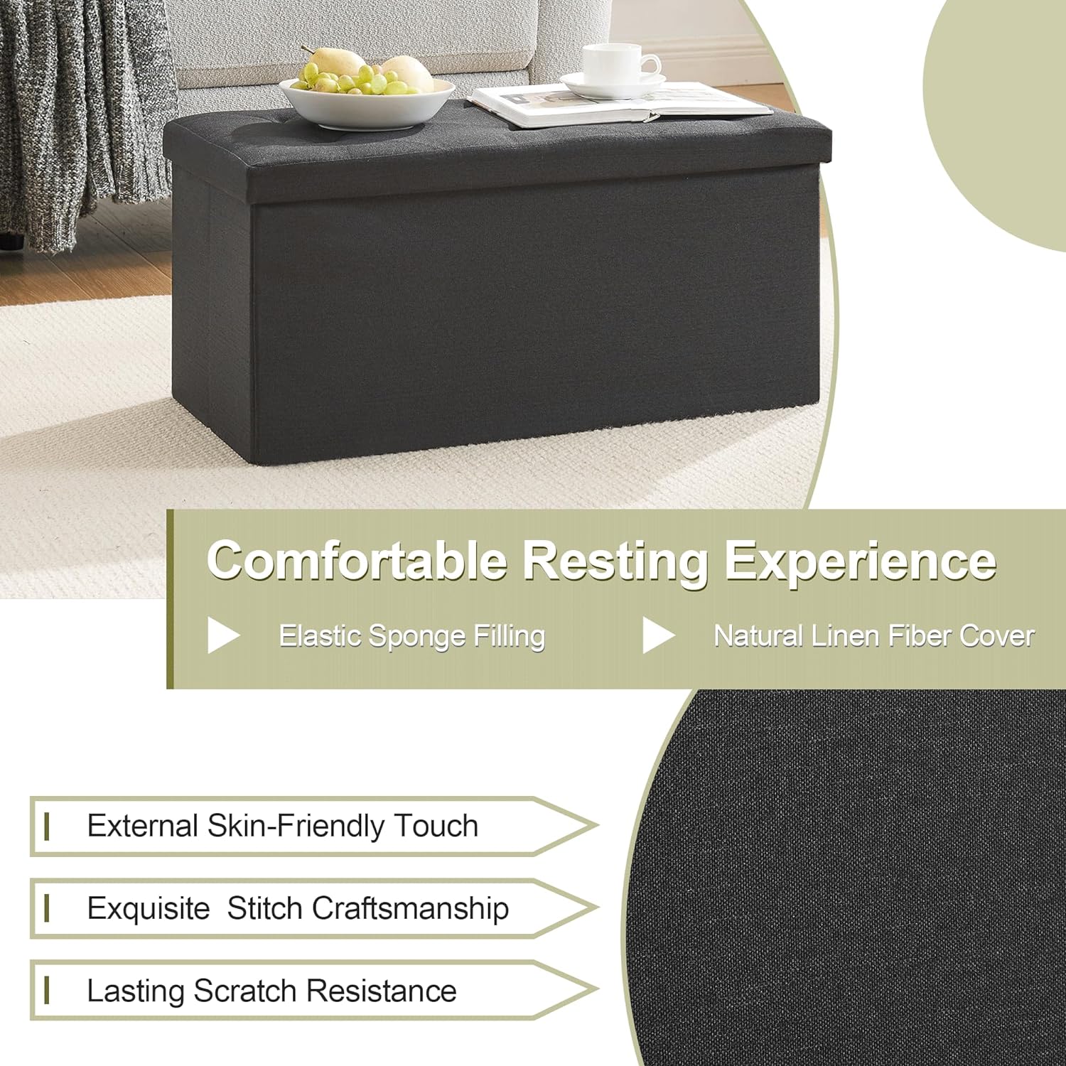 VECELO Folding Storage Ottoman Bench, Storage Chest, Linen Fabric - VECELO