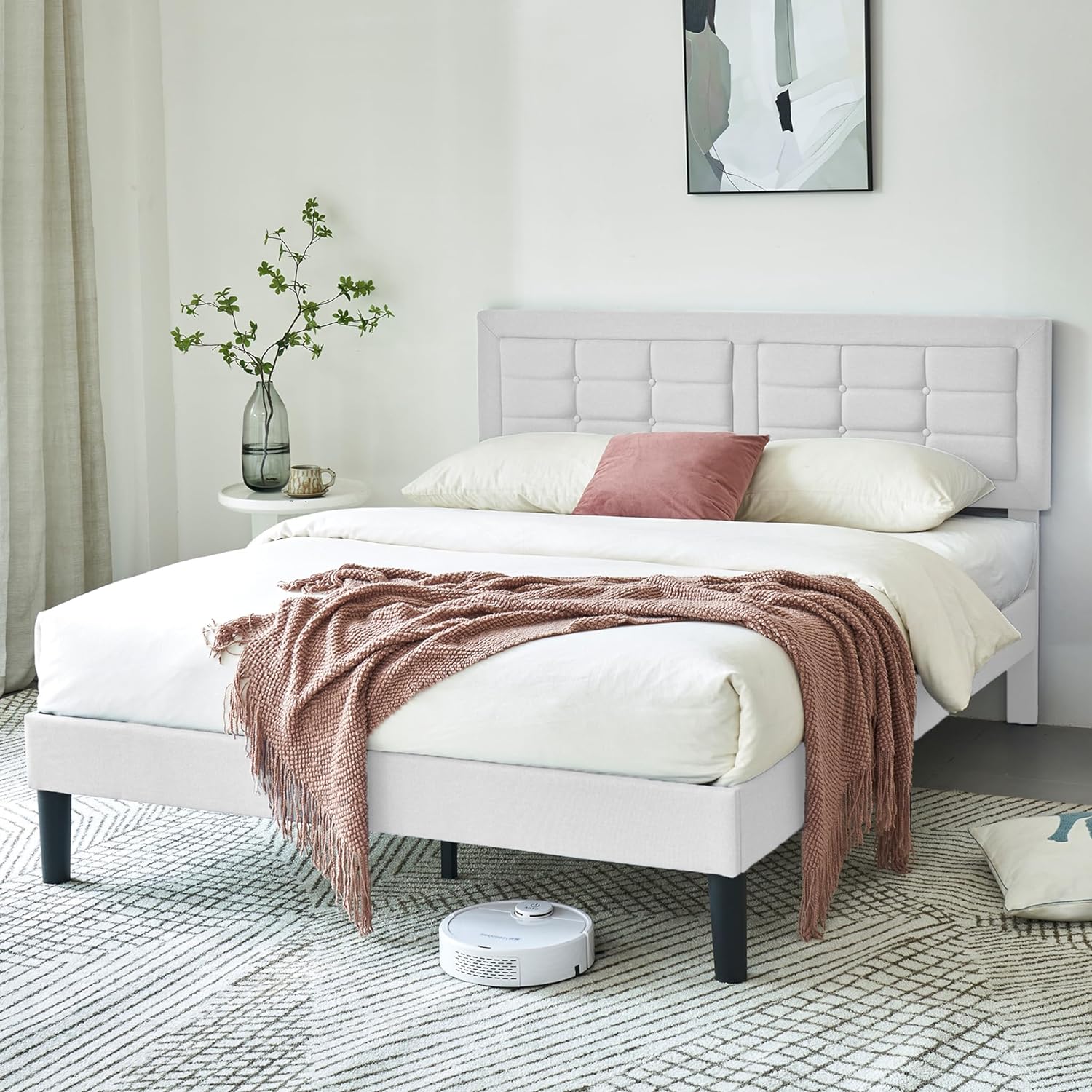 VECELO Upholstered Platform Bed Frame with Height Adjustable Headboard - VECELO