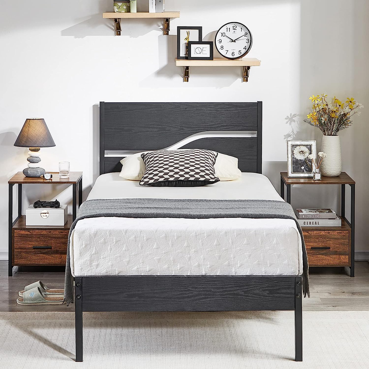 VECELO Platform Bed Frame/Mattress Foundation with Rustic Vintage Wood Headboard