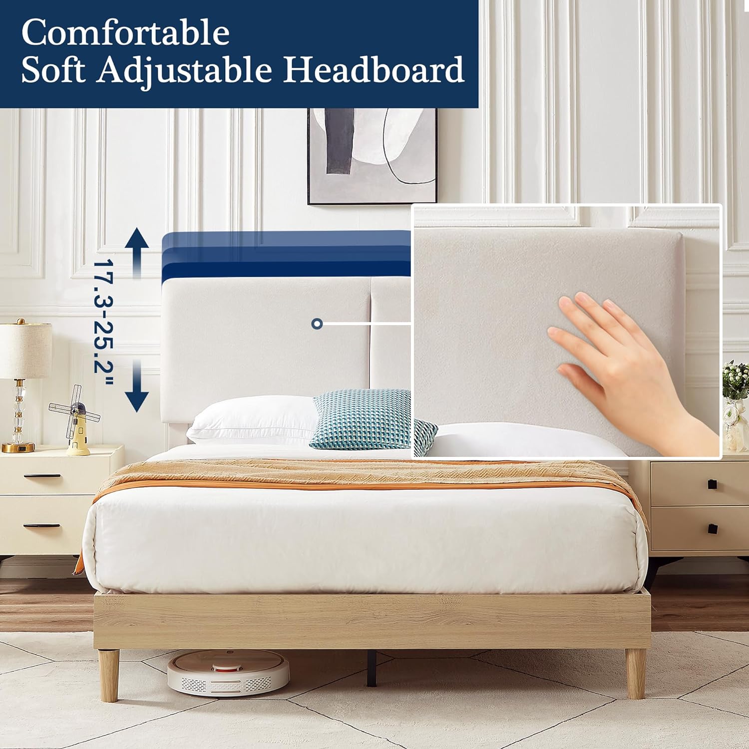 VECELO Upholstered Platform Bed Frame with Height-Adjustable Cotton and Linen Headboard