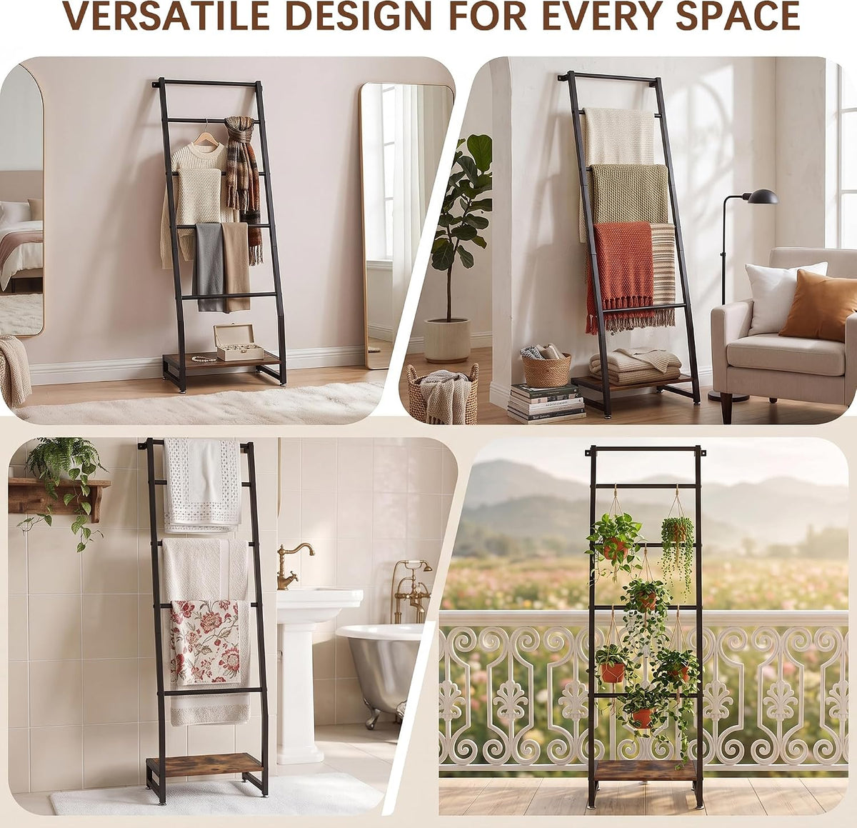 VECELO Blanket Ladder 5‑Tier Metal Ladder Shelf with Bottom Storage Shelf for Living Room and Bedroom