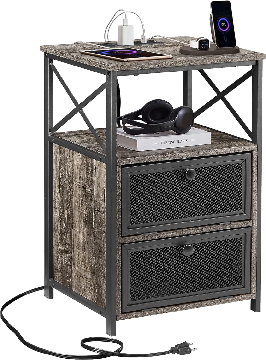 End Side Tables with Charging Station,2 Flip Drawers and USB Ports & Power Outlets