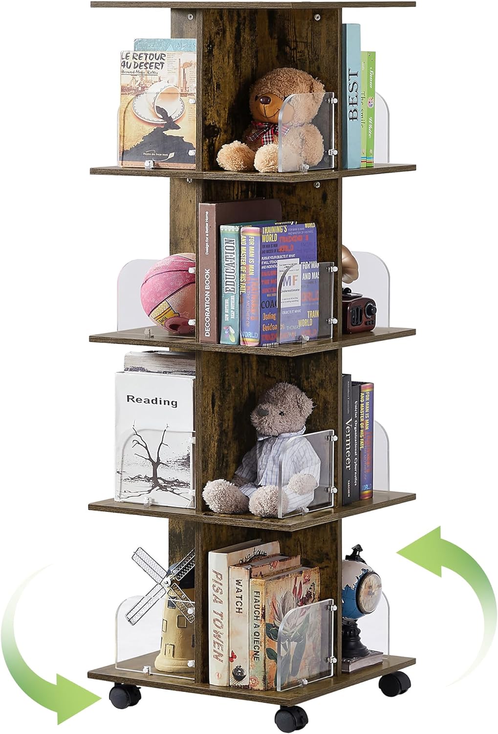 VECELO 4 Tier Rotating Bookshelf Tower,360° Corner Display Shelf with Wheels - VECELO