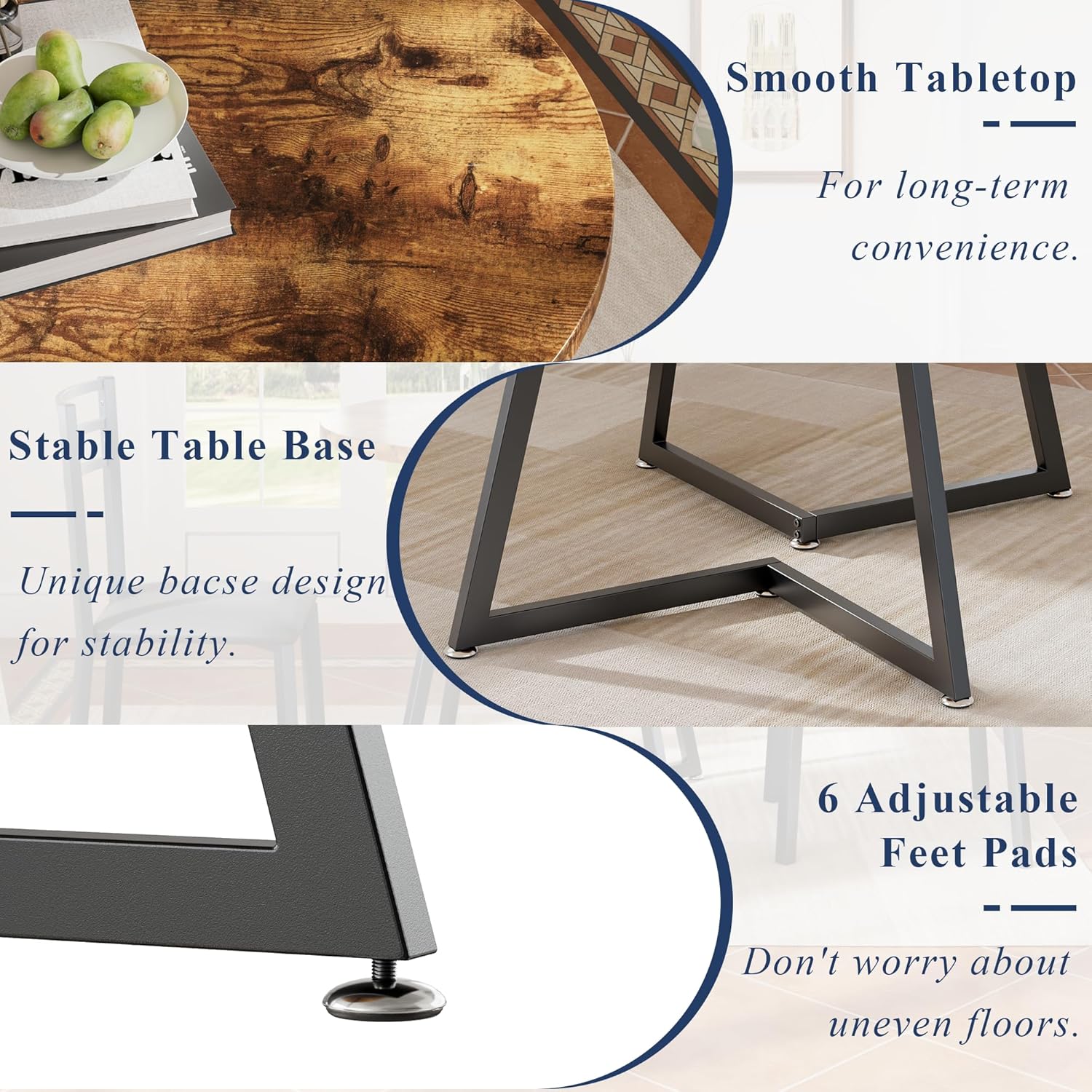 VECELO Round Dining Room Table with Wood Grain Tabletop and Steel Frame