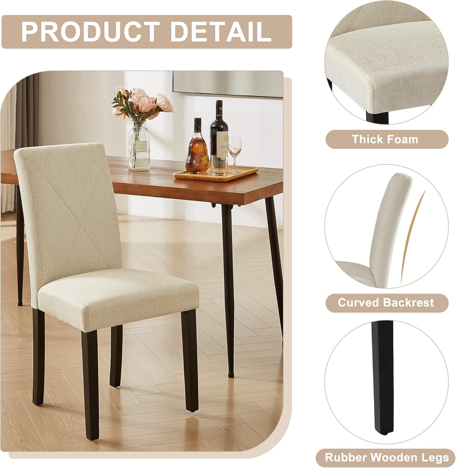 VECELO Upholstered Dining Chairs Set of 2 Modern Fabric and High Back & Solid Wood Legs for Kitchen