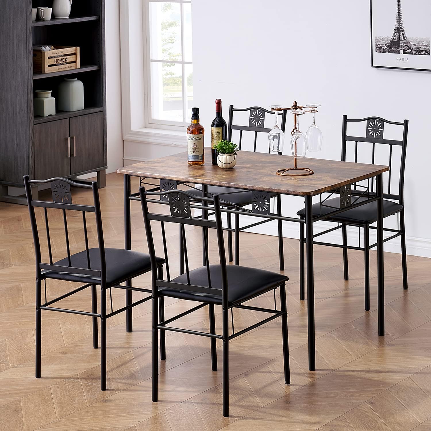 VECELO 5 Piece Dining Table Set with 4 Chairs Metal and Wood Rectangular Table