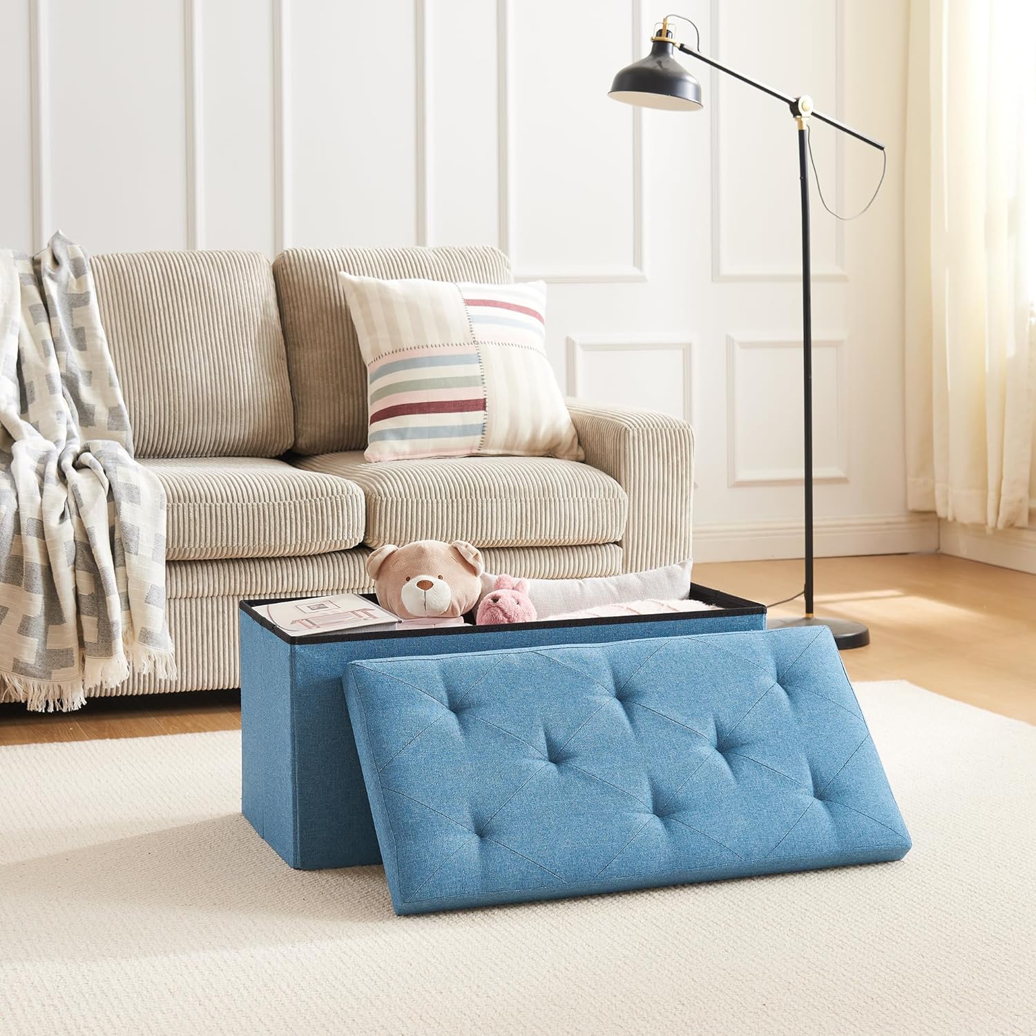 VECELO Folding Storage Ottoman Bench, Storage Chest, Linen Fabric - VECELO