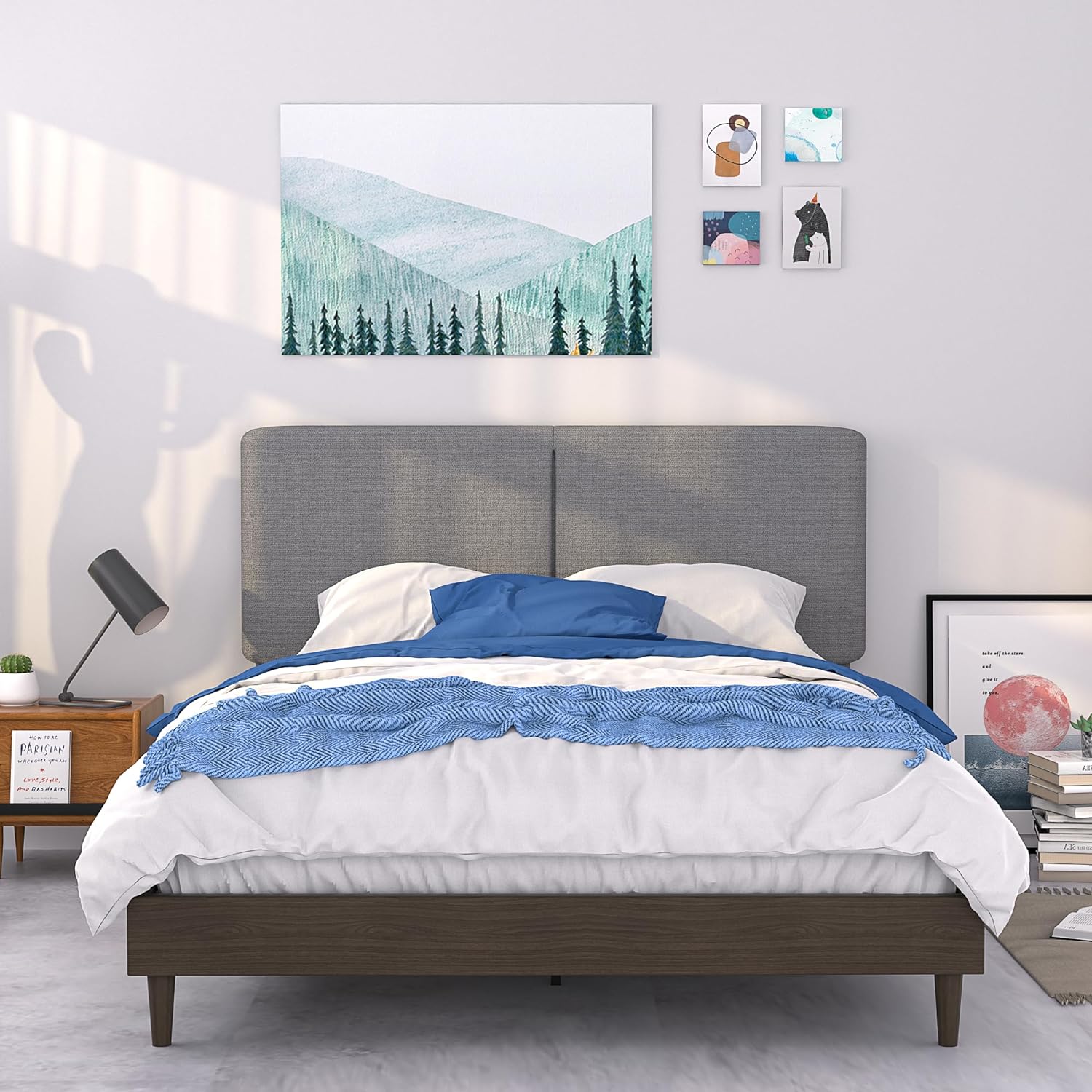 VECELO Upholstered Platform Bed Frame with Height-Adjustable Cotton and Linen Headboard