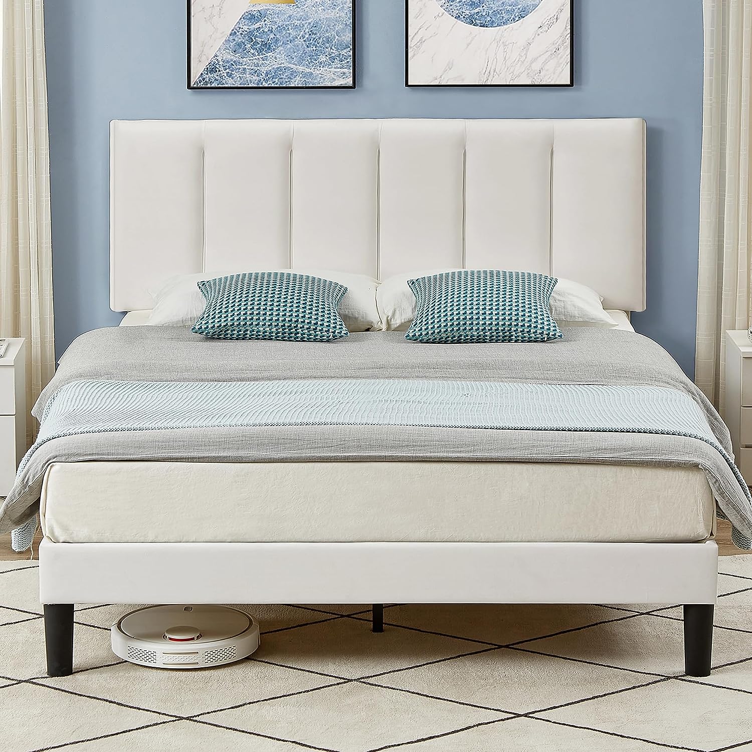 VECELO Modern Upholstered Platform Bedframe, Adjustable Headboard