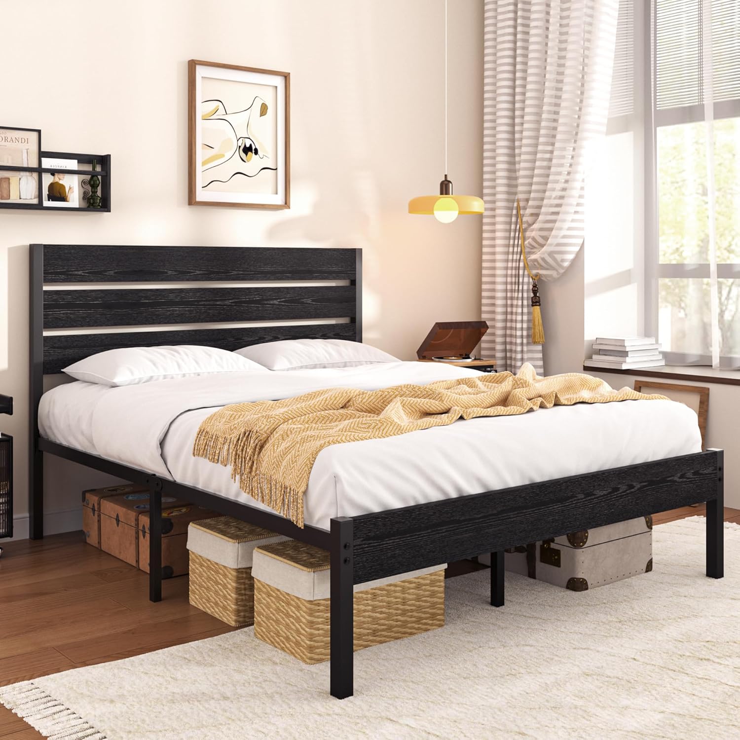 VECELO Platform Bed Frame with Rustic Vintage Wood Headboard/Strong Metal Slats Support
