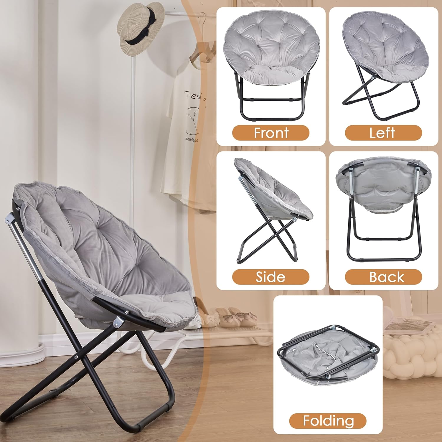 VECELO Saucer Chair for Adults, Folding Moon Chair with Metal Frame