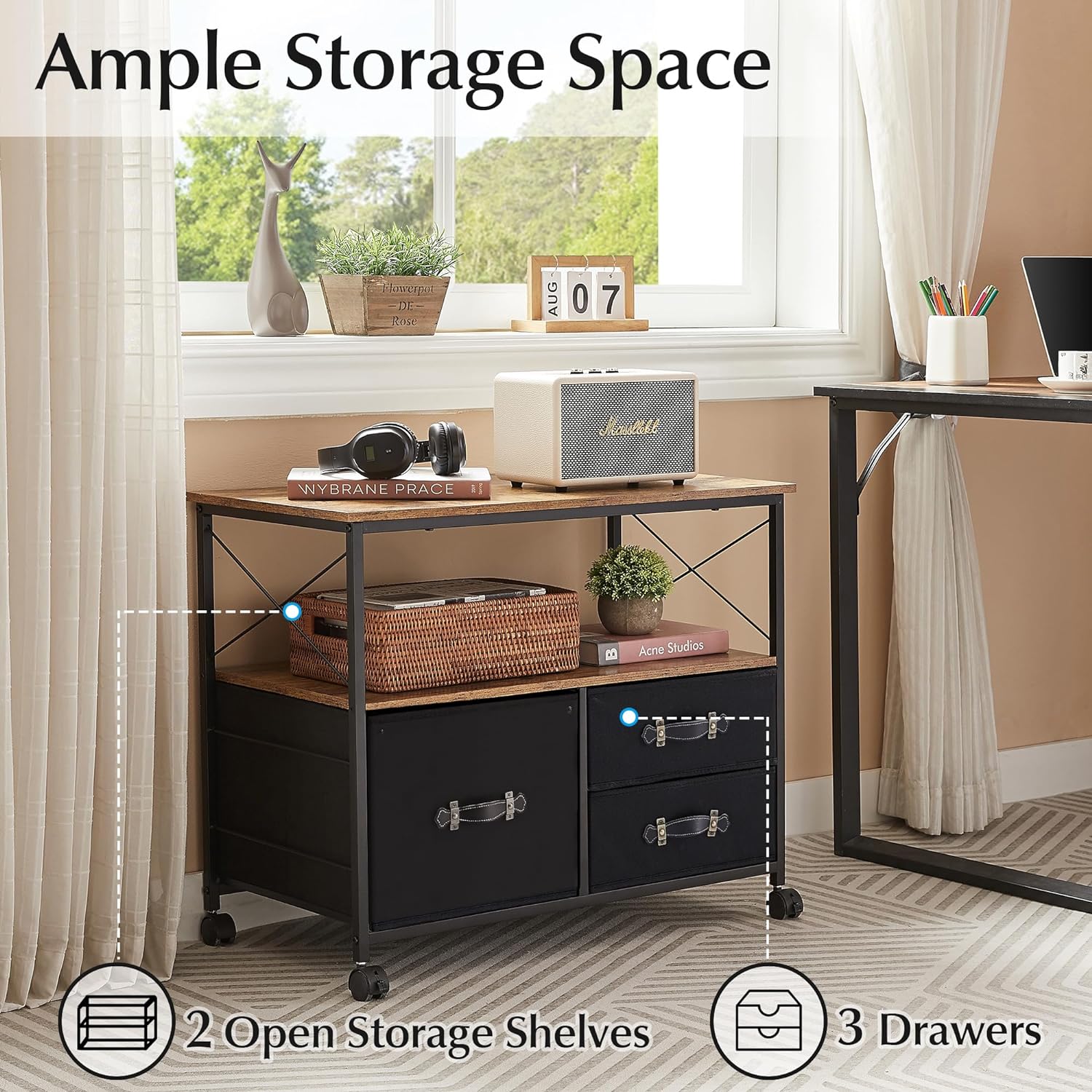 VECELO 3 Drawer Lateral File Cabinet, Rolling Printer Stand with Open Storage Shelf - VECELO