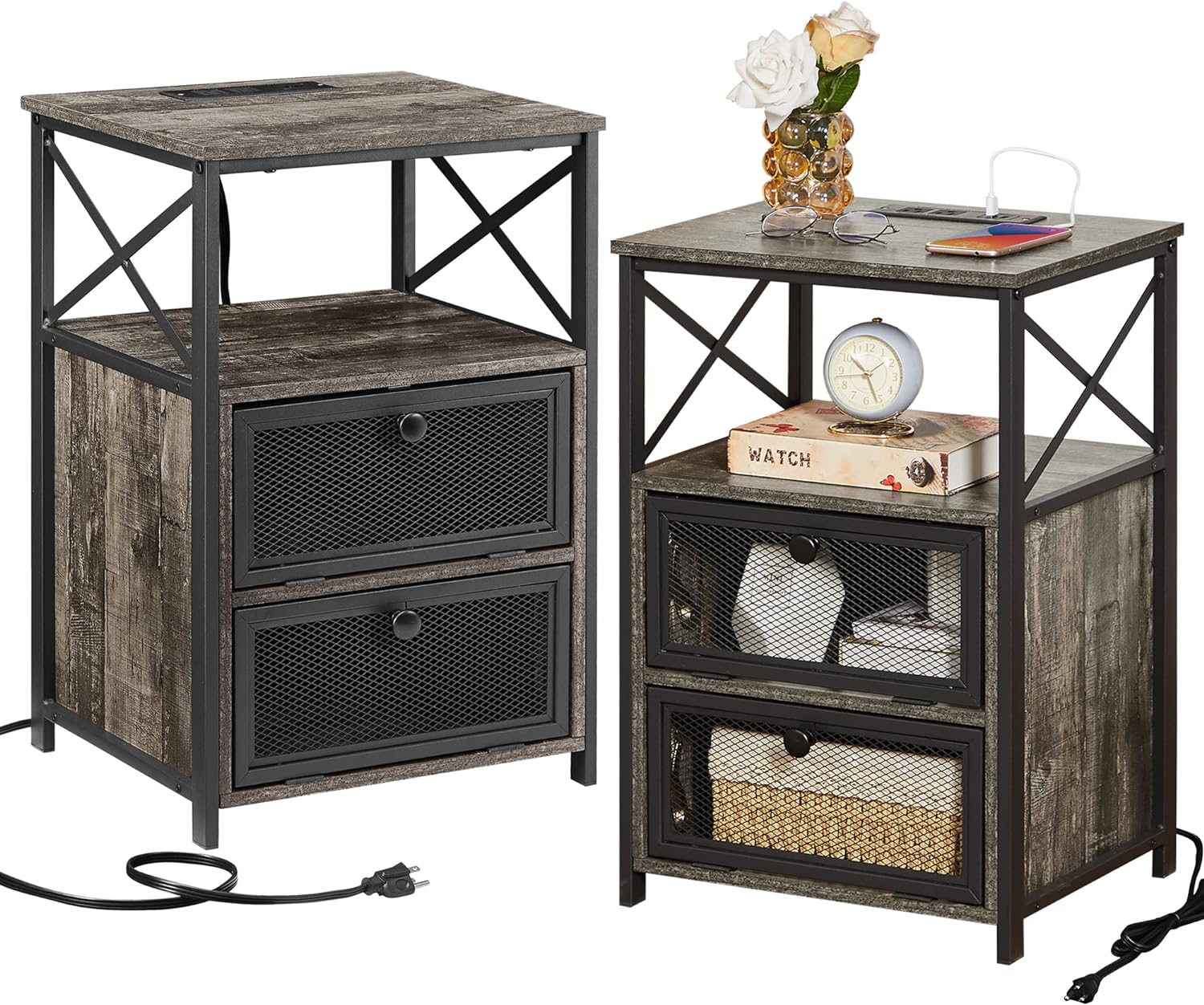 VECELO End Table with USB Ports and Outlets,1 Pack/2 Packs - VECELO