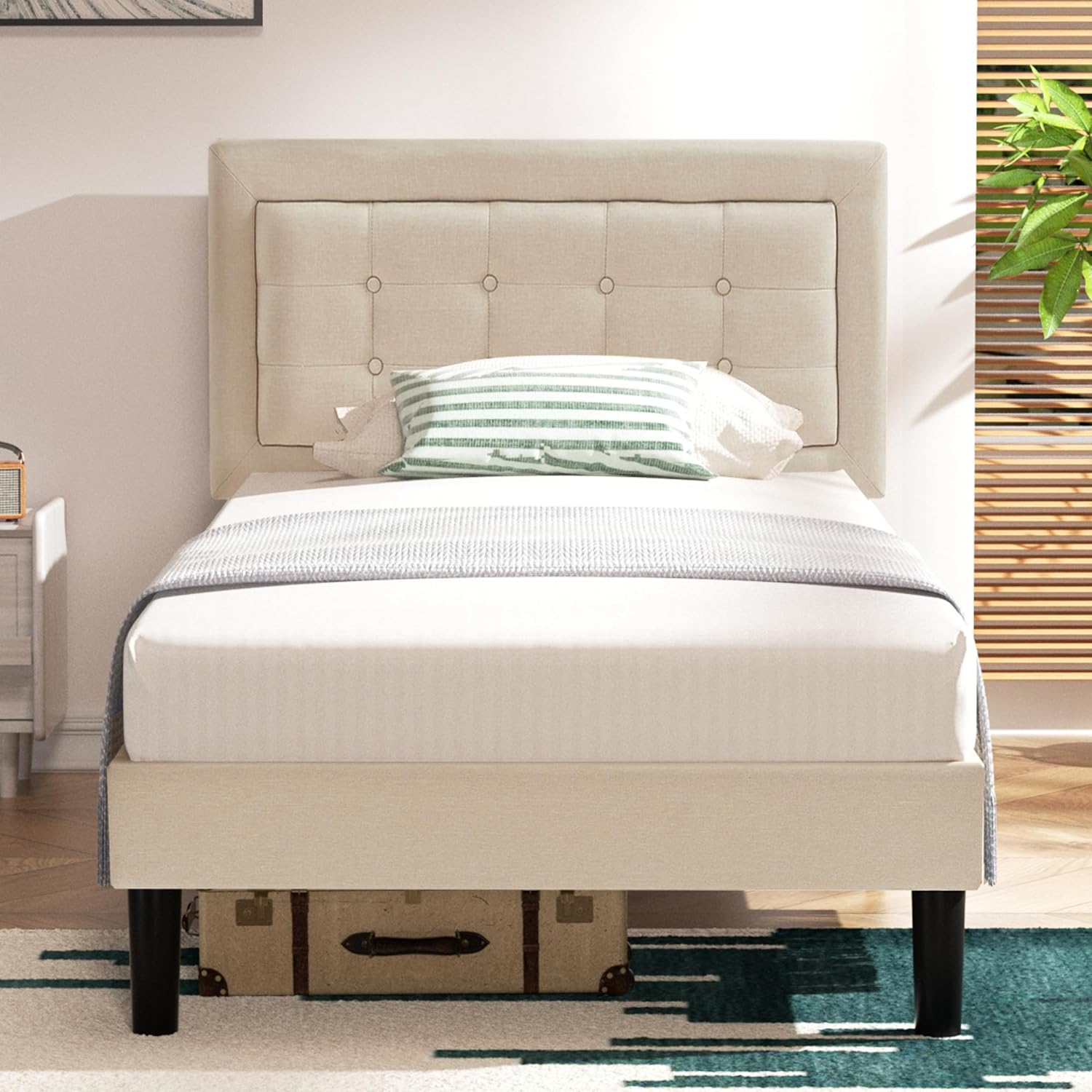 VECELO Upholstered Platform Bed Frame with Height Adjustable Headboard