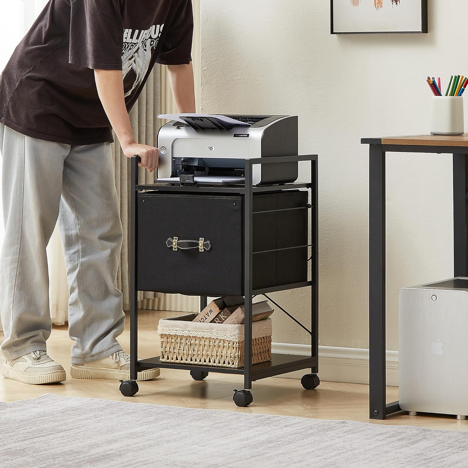 VECELO Mobile Vertical Filing Cabinet, Rolling Printer Shelf with Handle
