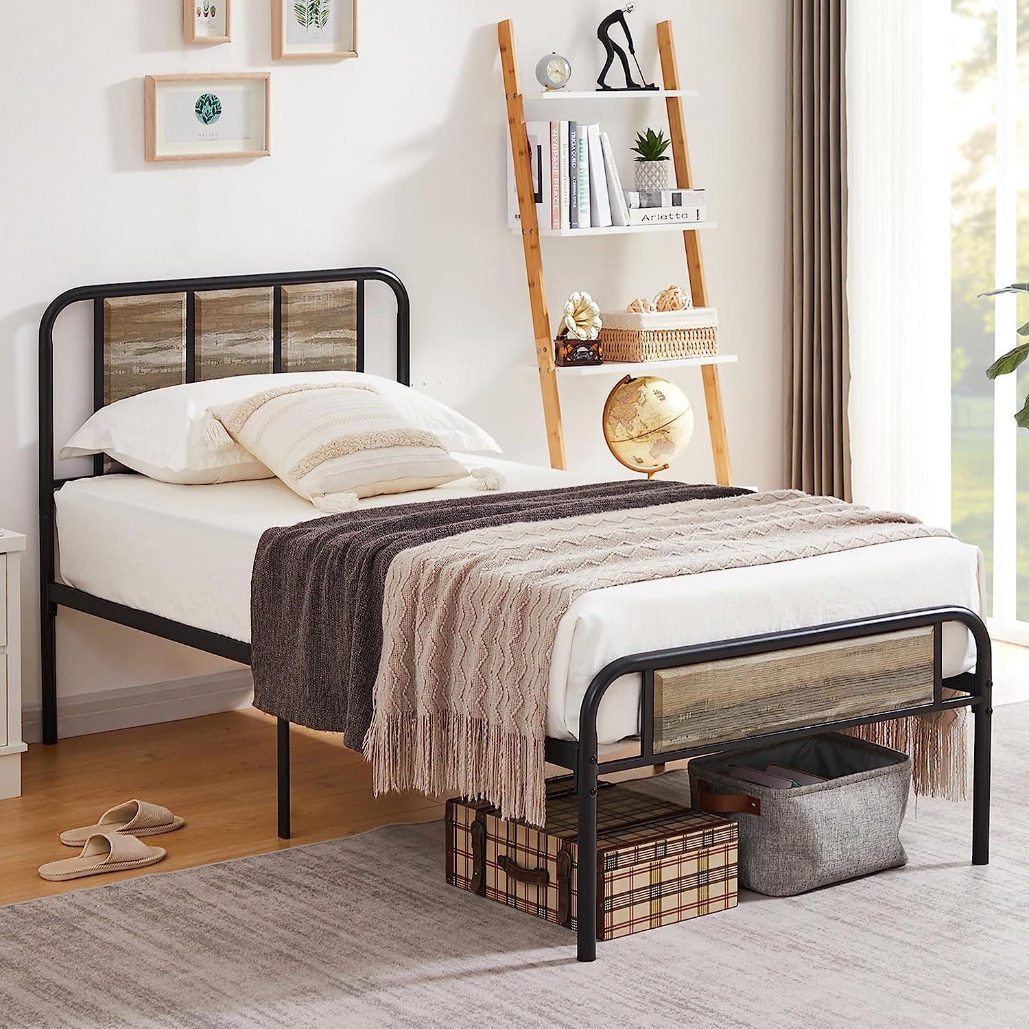 VECELO Bed Frame Metal Platform with Wooden Headboard Footboard Heavy Duty Mattress Foundation - VECELO