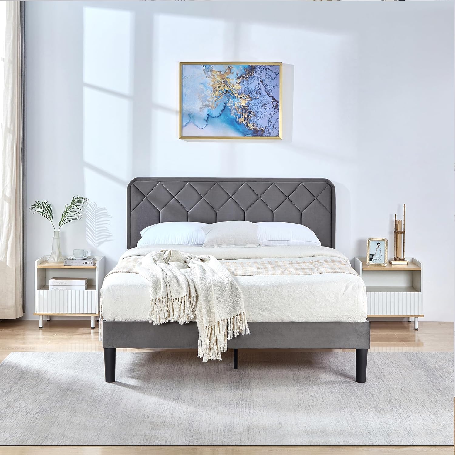 VECELO Premium Leather Upholstered Platform Bed Frame