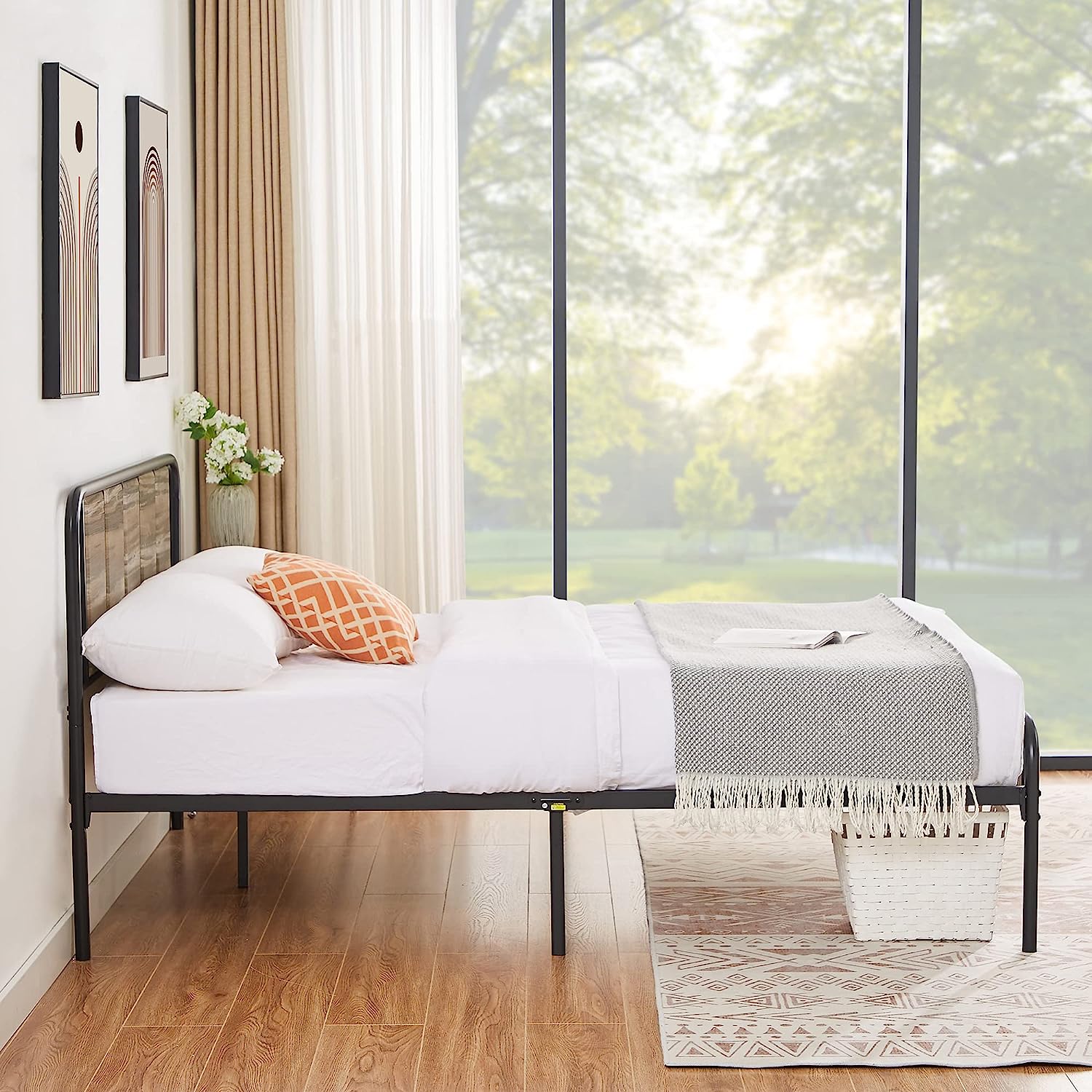 VECELO Bed Frame Metal Platform with Wooden Headboard Footboard Heavy Duty Mattress Foundation - VECELO