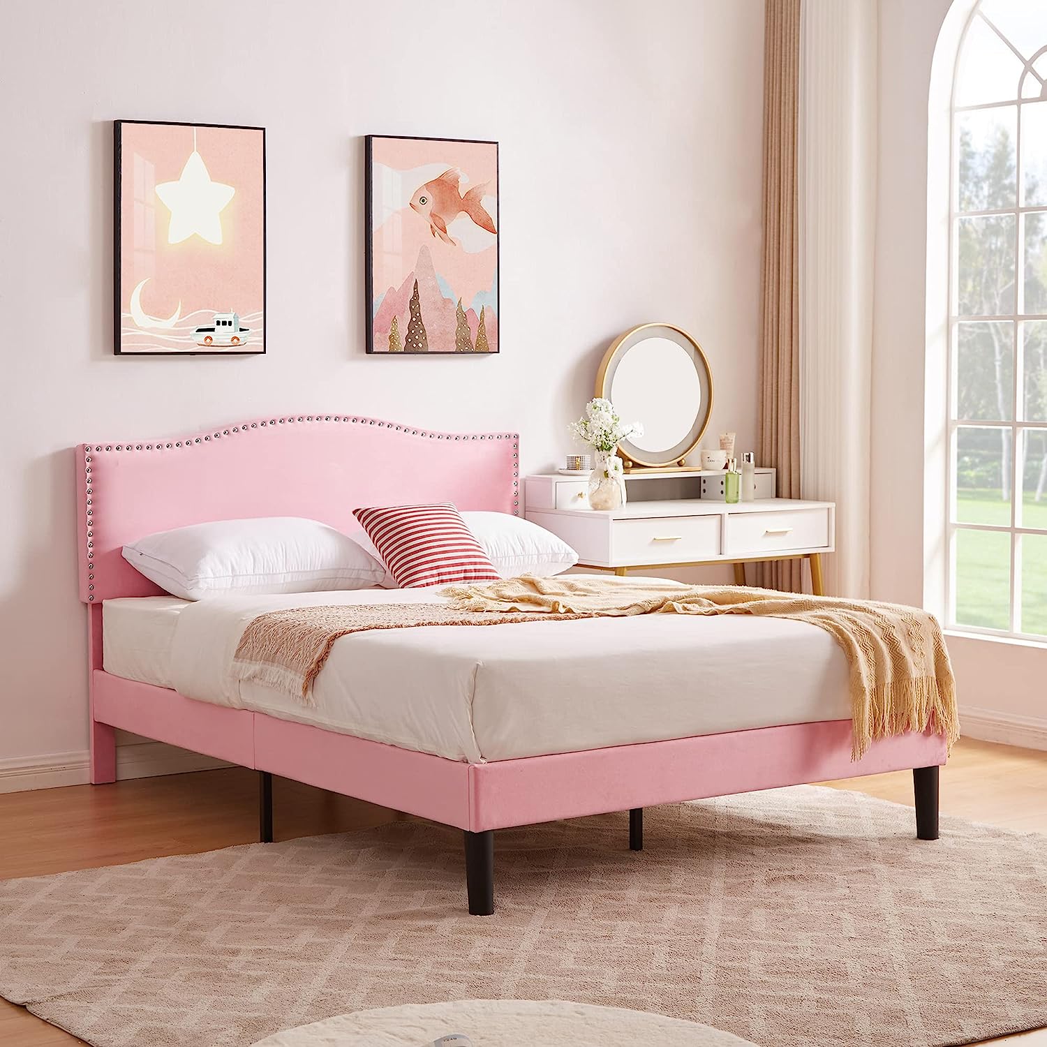 VECELO Bed Frame Platform with Upholstered Headboard & Wooden Slats Support - VECELO
