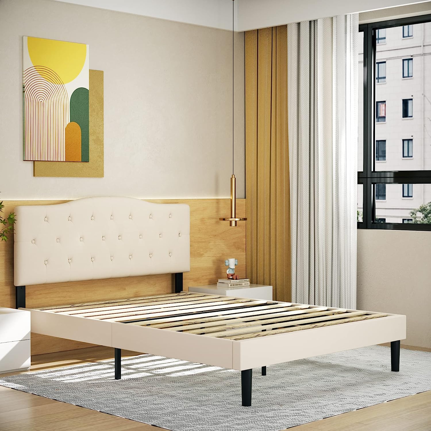 VECELO Classic Upholstered Platform Bed Frame with Diamond Stitched Cloth - VECELO