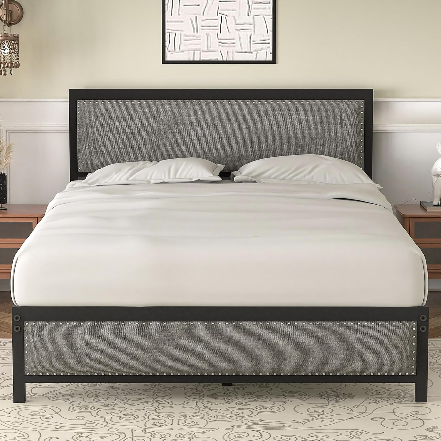 VECELO Bed Frame with Linen Fabric Headboard and Footboard No Box Spring Needed - VECELO