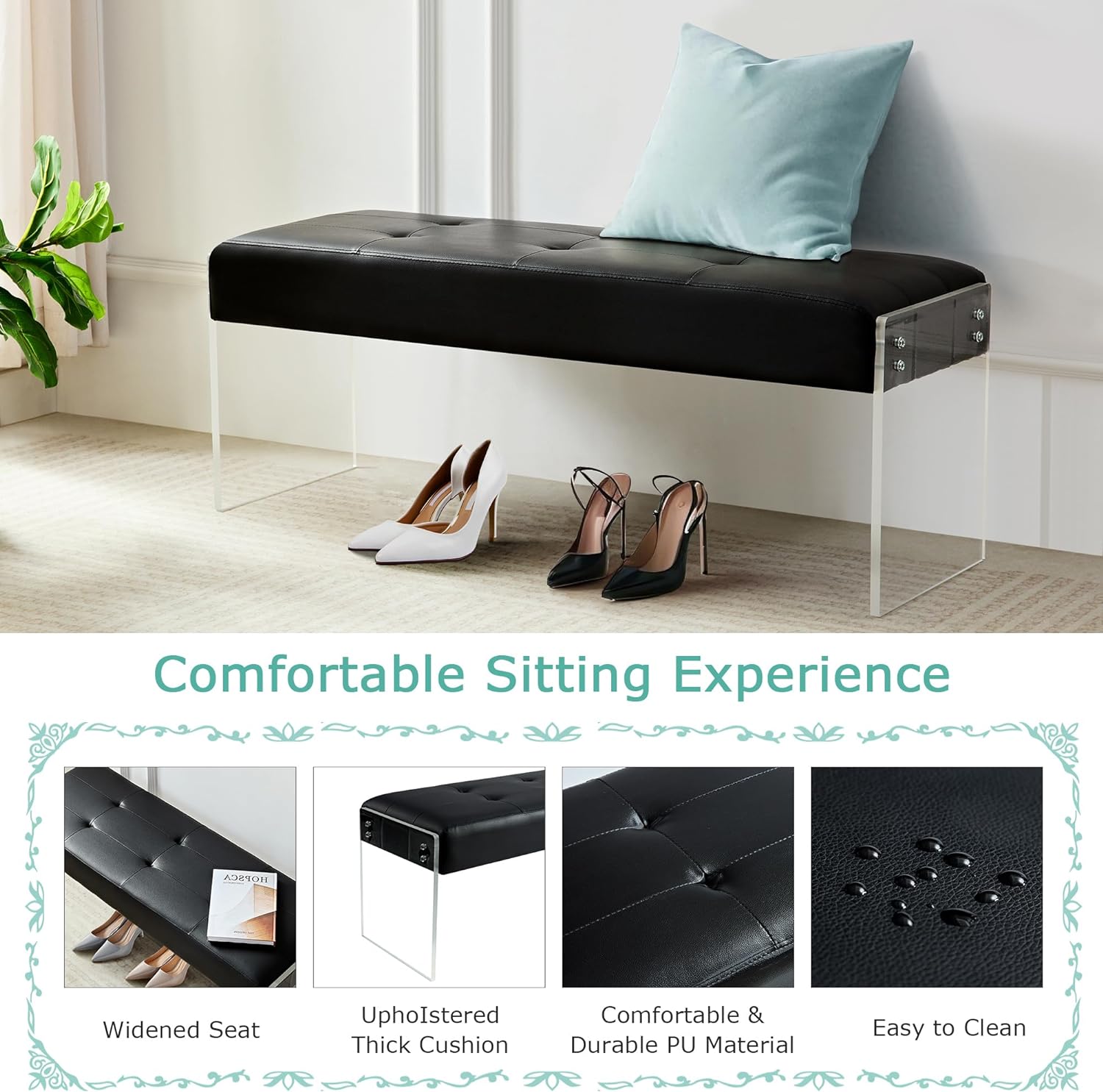 VECELO 44.7” Modern End of Bed, PU Leather Upholstered Entryway Transparent Legs - VECELO