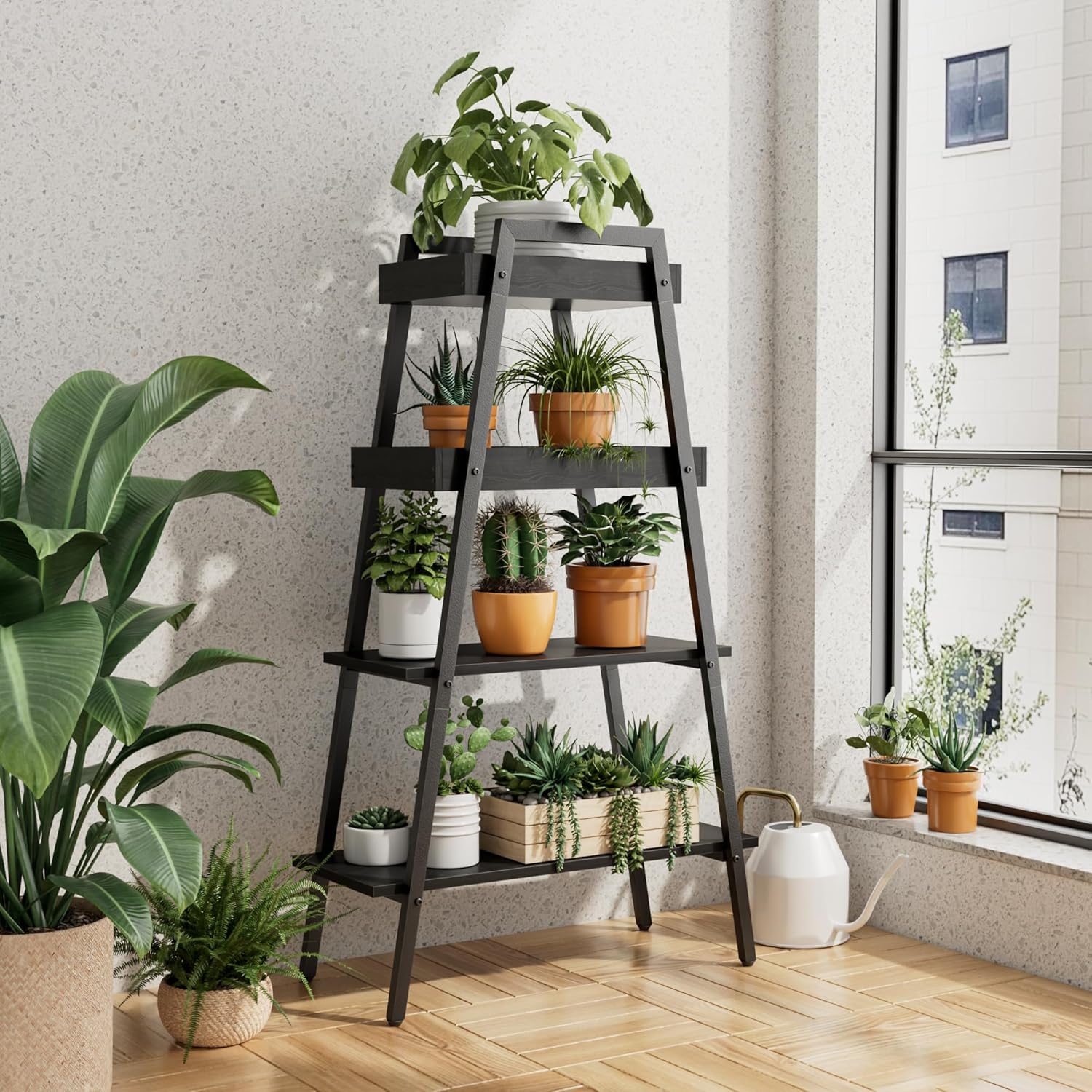 VECELO Ladder Shelf/Display Shelf 4 Tier Storage Bookcase Rack Wood & Steel - VECELO