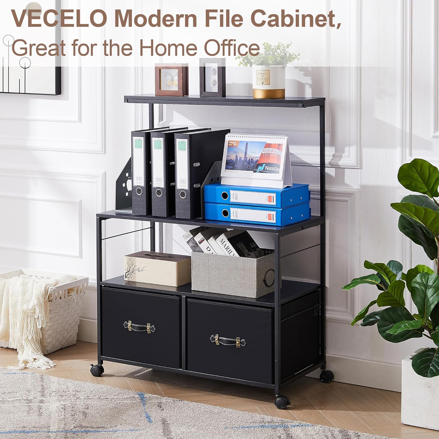 VECELO Lateral File Cabinet with 2 Big Rolling Printer Stand with 3 Open Storage Shelf - VECELO