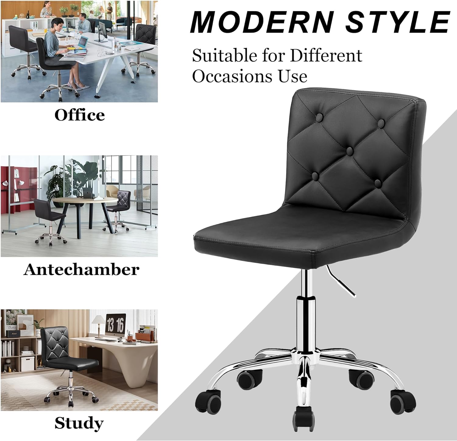 VECELO PU Leather Mid-Back Armless Desk Chair Adjustable Height 360° Rolling Swivel