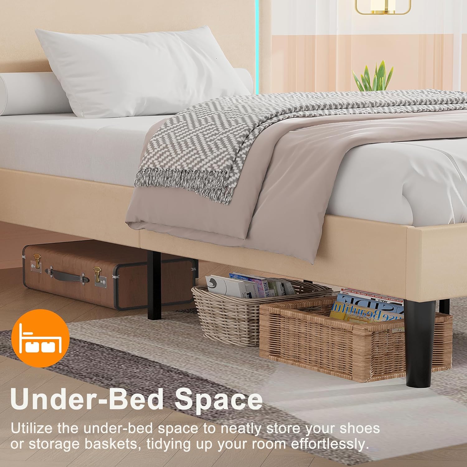 VECELO Upholstered Velvet Platform Bed Frame with Headboard Adjustable, LED Lights, USB-A & Type-C