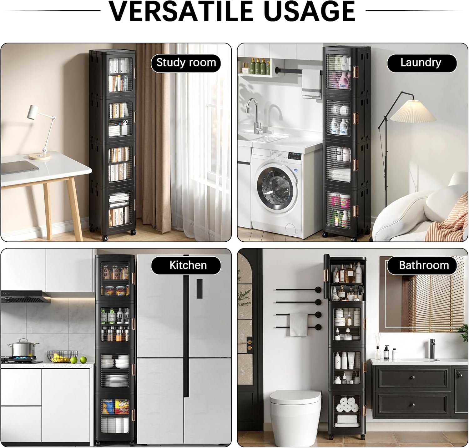 VECELO 4-Tier Plastic Tall Narrow Storage Cabinet with Movable Wheels