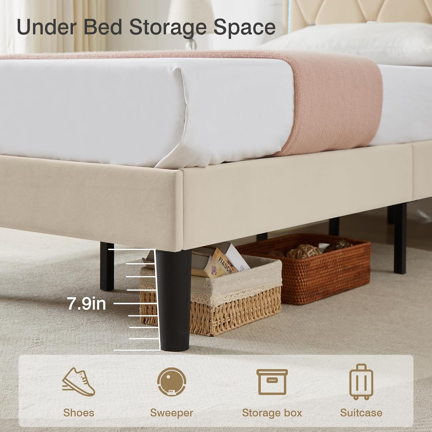 VECELO Upholstered Bed Frame with LED Lights, Charging Station, Velvet Platform Bed