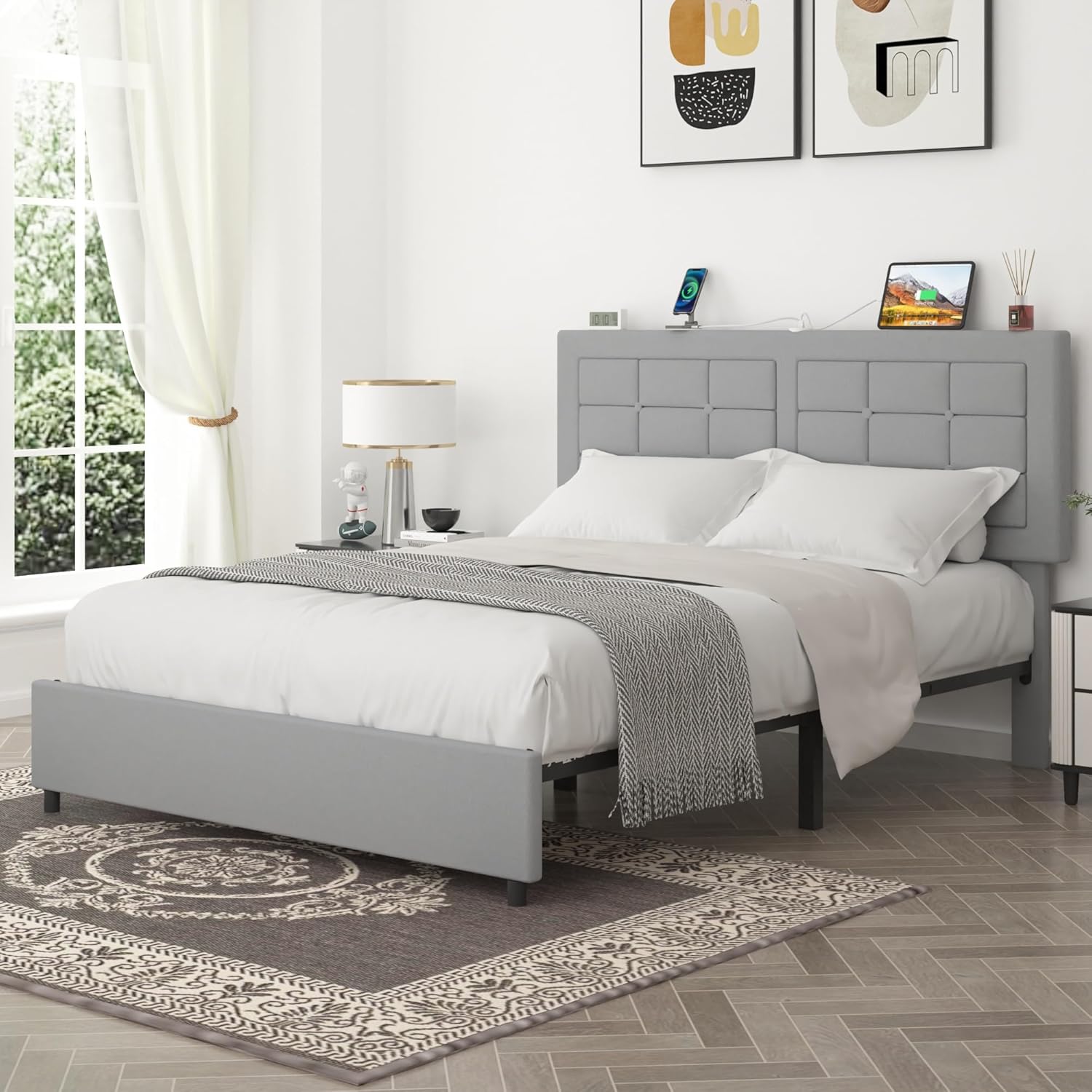 VECELO Bed Frame with 4 Drawers, Adjustable Tufted Button Headboard