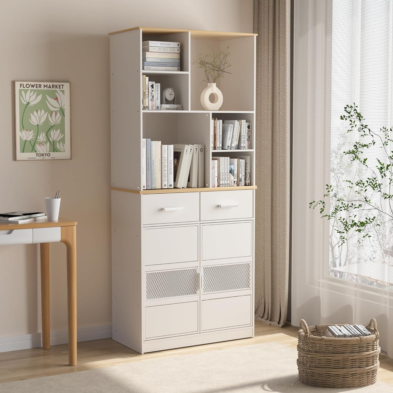 VECELO Floor Storage Cabinet 72" Free Standing Kitchen Pantry Buffet Cupboard with Multi Open Shelves and 2 Drawers - VECELO