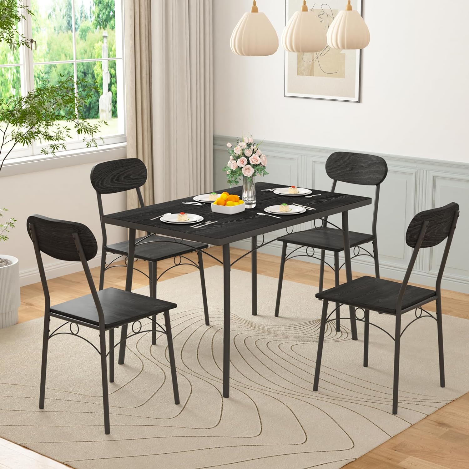 VECELO Farmhouse Style 5 Piece Dining Table Set Metal and Wood Rectangular Table with 4 Chairs - VECELO