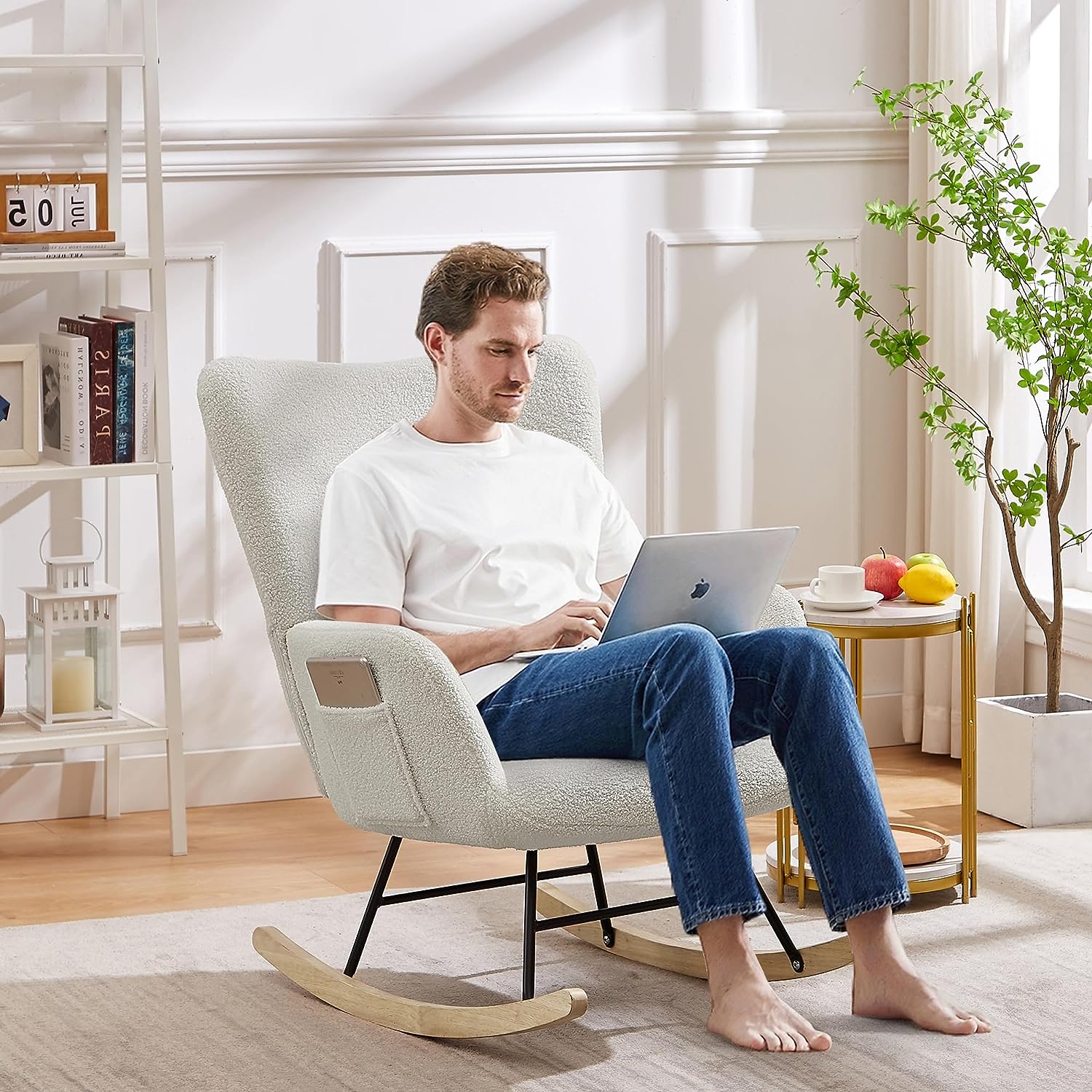 VECELO Rocking Chair, Modern Upholstered Teddy Fabric Nursery Glider