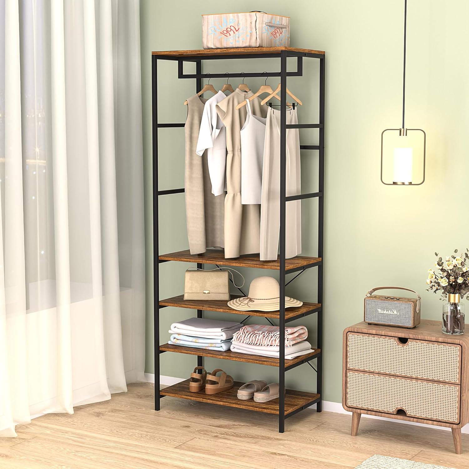 VECELO Coat, Entryway Hall Tree with 4-Tier Shoe Rack and Hanging Rod - VECELO