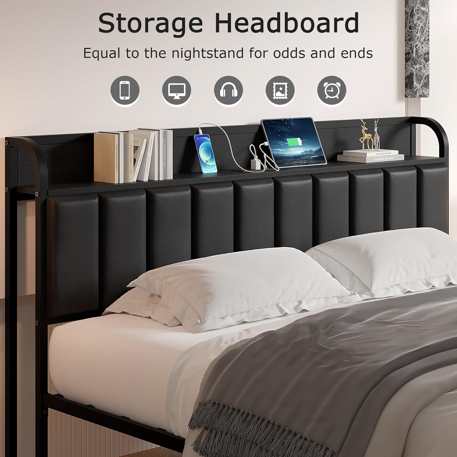 VECELO Twin Bed Frame, Storage Upholstered Headboard with Charging Station