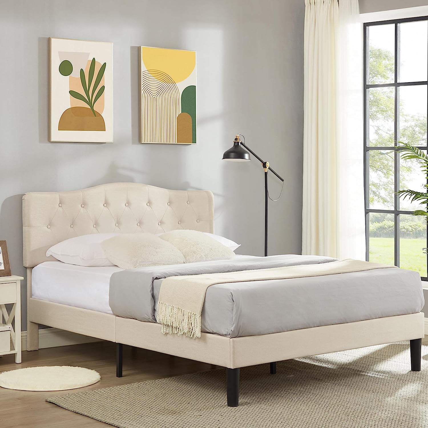 VECELO Classic Upholstered Platform Bed Frame with Diamond Stitched Cloth - VECELO